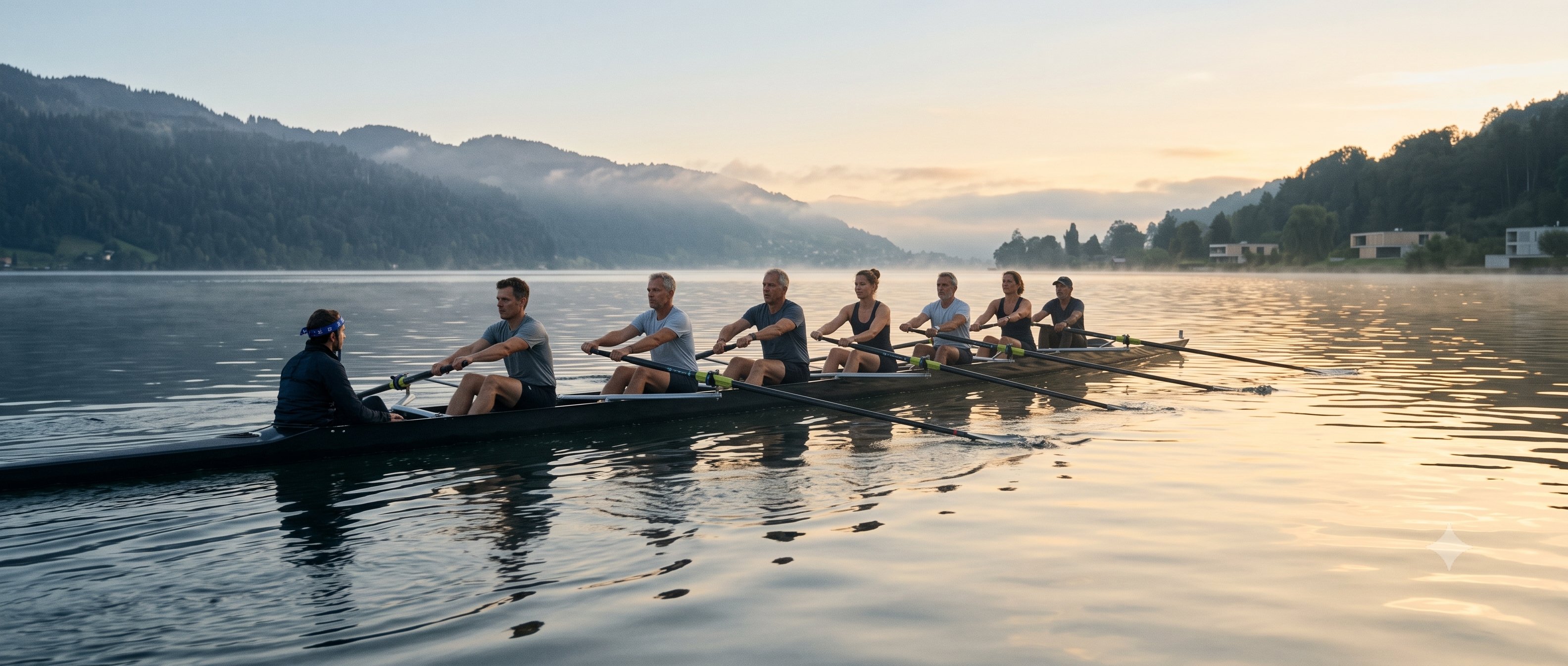 Un équipage d'aviron aligné à l'aube